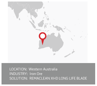 map with pin on western australia, details read location: Western Australia, Industry: Iron Ore, Solution: REMACLEAN XHD LONG LIFE BLADE